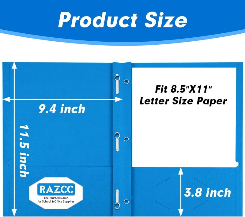 RAZCC Two Pocket Folders, 100 Pack Two Pocket with Prongs, 3 Prong Folders Fit Letter Size Paper, Pocket Paper File Folders for School Office Home Business, Assorted 5 Colors - Image 2